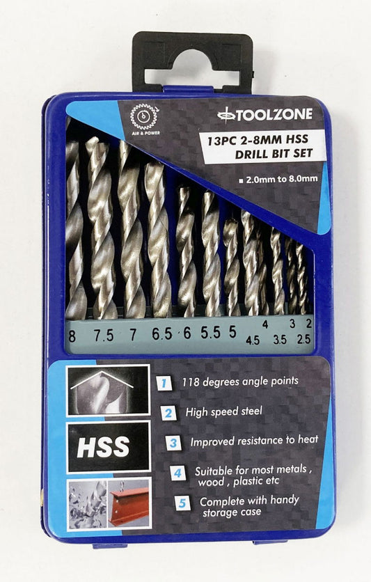 DRILL BIT SET 13PC HSS 2-8mm IN STORAGE TIN - TOOLZONE KDPDR027