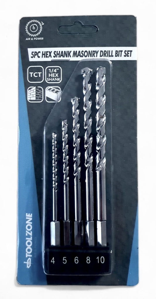 MASONRY DRILL BIT SET 5PC HEX SHANK 4-10mm TCT TIPPED - TOOLZONE KDPDR028