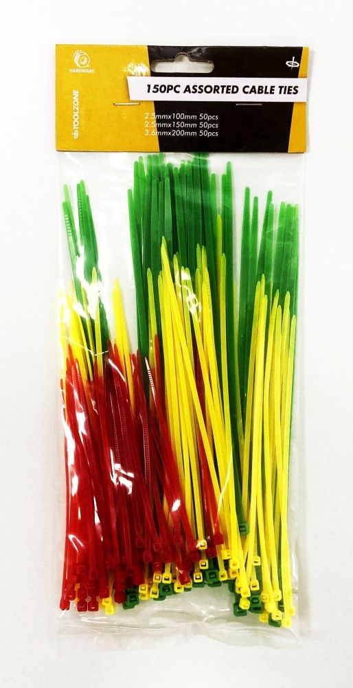 CABLE TIES ASSORTED 150PC 2.5mm x 100mm 2.5mm x 150mm 3.6mm x 200mm - TOOLZONE KDPEL077