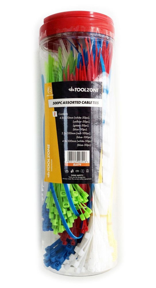 CABLE TIES MIXED LARGE 500PC 5 COLOURS 2.5x180mm 4.8x190mm 4.8x300mm - TOOLZONE KDPEL079