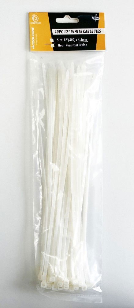 CABLE TIES 40PC 12" WHITE 4.8mm WIDE NYLON 40 - TOOLZONE KDPEL126