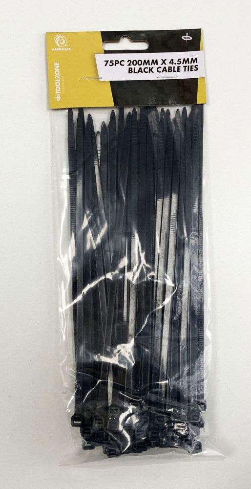 CABLE TIES 75PC 200mm x 4.5mm BLACK NYLON 40 - TOOLZONE KDPEL133
