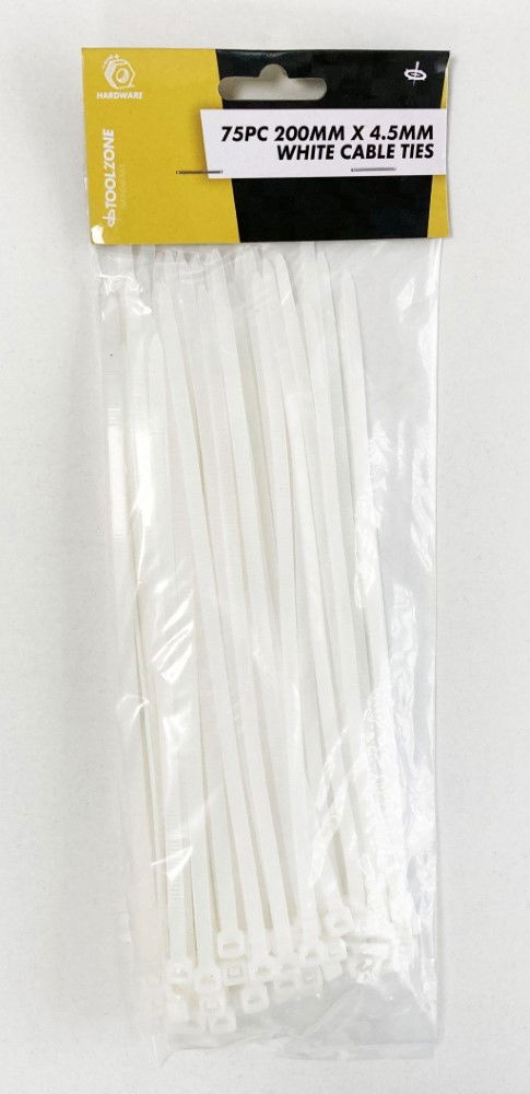 CABLE TIES 75PC 200mm x 4.5mm WHITE NYLON 40 - TOOLZONE KDPEL134