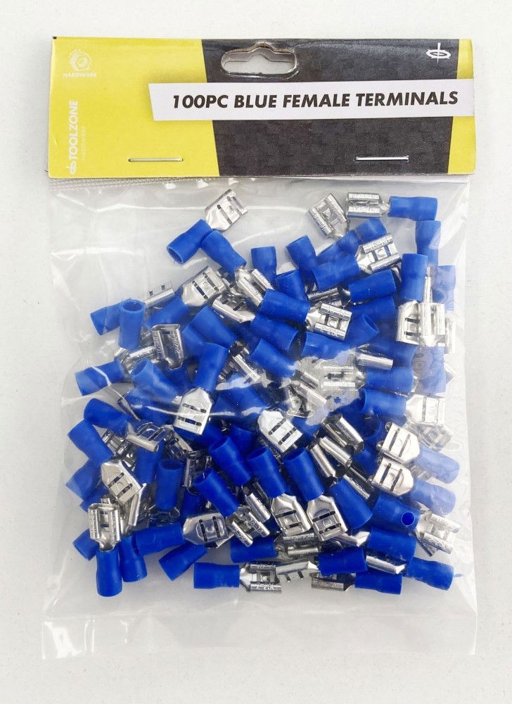 FEMALE TERMINALS 100PC BLUE SEMI INSULATED 14-16 awg 6.3 x 0.81mm - TOOLZONE KDPEL139