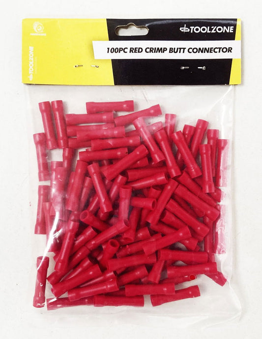 CRIMP BUTT CONNECTORS 100PC RED INSULATED 0.5-1.5mm² - TOOLZONE KDPEL143