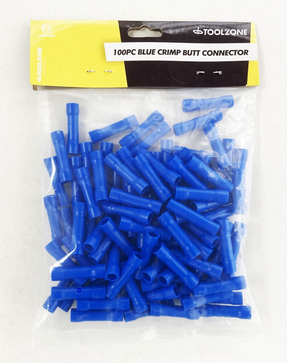 CRIMP BUTT CONNECTORS 100PC BLUE INSULATED 1.5-2.5mm² - TOOLZONE KDPEL144