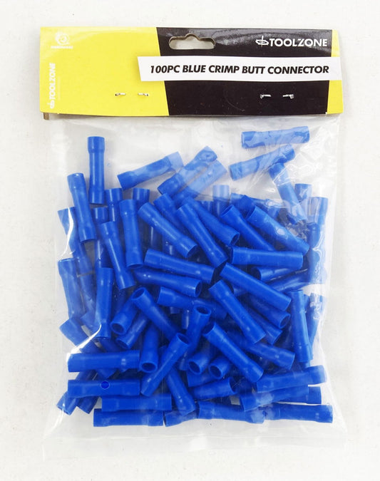 CRIMP BUTT CONNECTORS 100PC BLUE INSULATED 1.5-2.5mm² - TOOLZONE KDPEL144