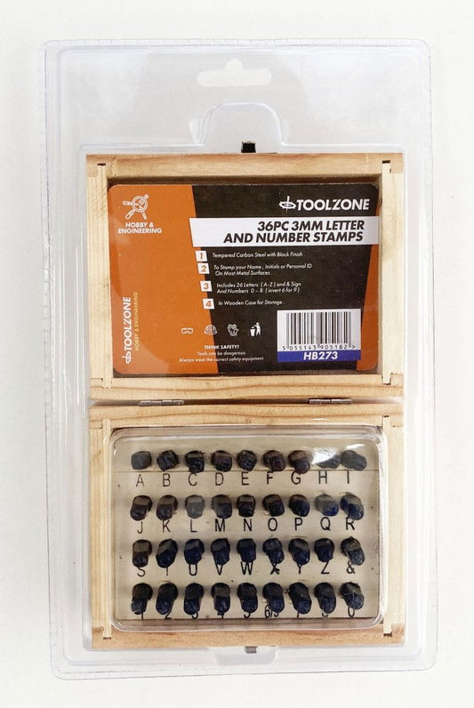 LETTER AND NUMBER STAMPS 36pc 3mm HEIGHT 2.75" LENGTH - TOOLZONE KDPHB273