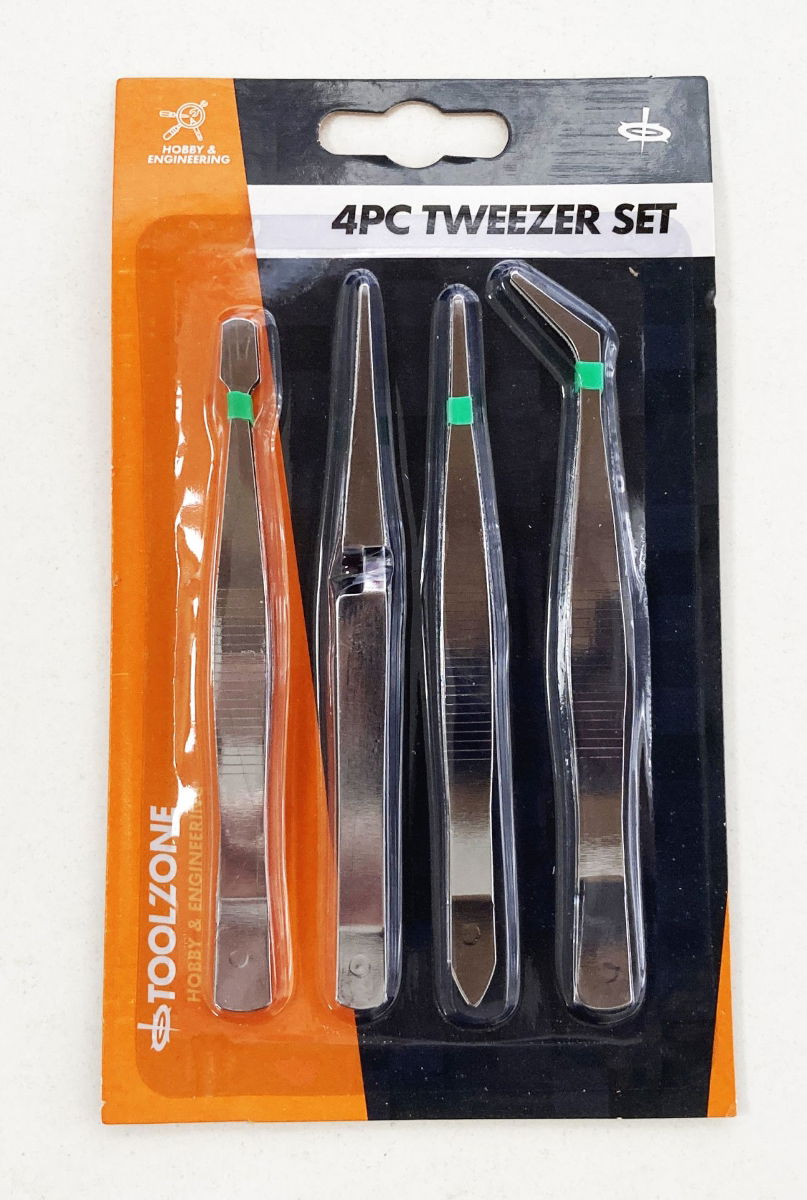 TWEEZER SET 4pc 4.5" FLAT ENDED POINTED ANGLED - TOOLZONE KDPHB324