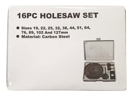 HOLE SAW SET 16pc CARBON STEEL SIZES 19-127mm - TOOLZONE KDPHS001