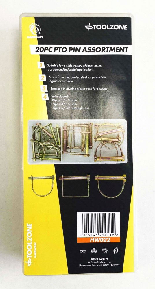 PTO PIN ASSORTMENT 20pc ZINC COATED STEEL 1/4", 5/16", 3/8" - TOOLZONE KDPHW022