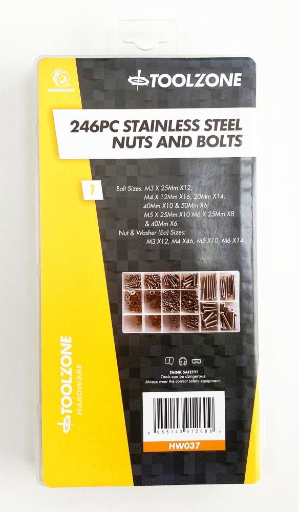 NUTS AND BOLTS ASSORTMENT 246pc STAINLESS STEEL M3-M6 - TOOLZONE KDPHW037
