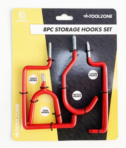 STORAGE HOOK SET 8pc RED PVC COATED ASSORTED SHAPES - TOOLZONE KDPHW061