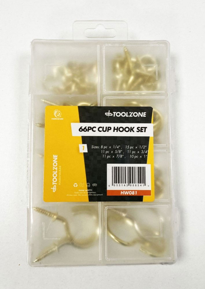 CUP HOOKS ASSORTED SET 66pc BRASS COATED 1/2"-1 1/4" - TOOLZONE KDPHW081