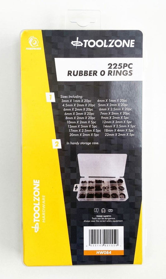 RUBBER O RING ASSORTMENT 225pc IN POLY BOX - TOOLZONE KDPHW084