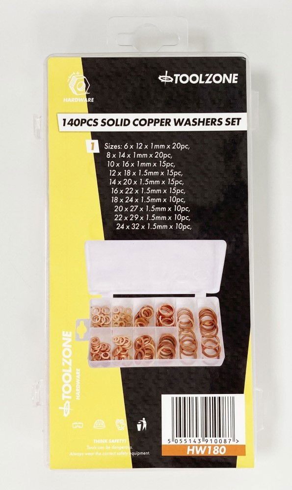 COPPER WASHER ASSORTMENT 140pc SOLID IN STORAGE BOX - TOOLZONE KDPHW180