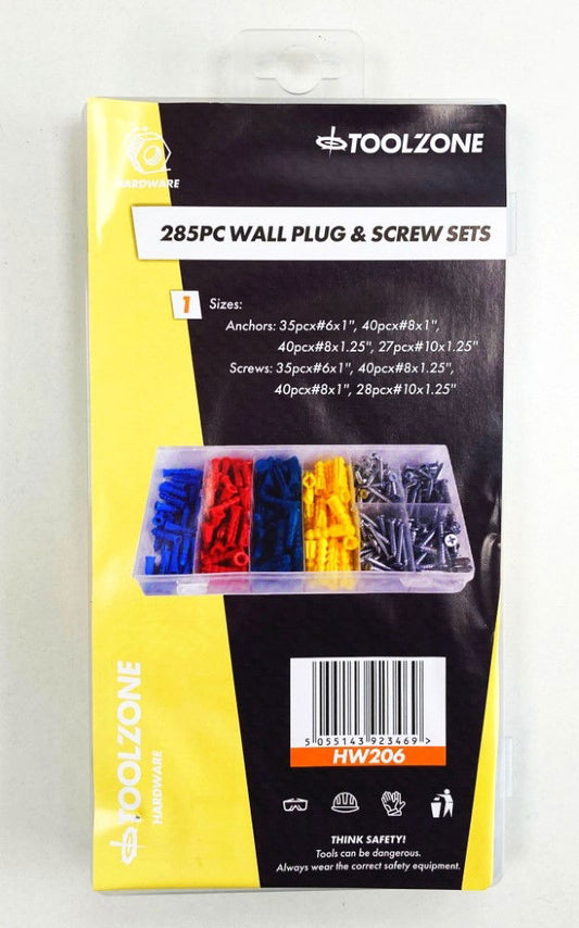 WALL PLUG AND SCREW ASSORTMENT 285pc IN STORAGE BOX - TOOLZONE KDPHW206