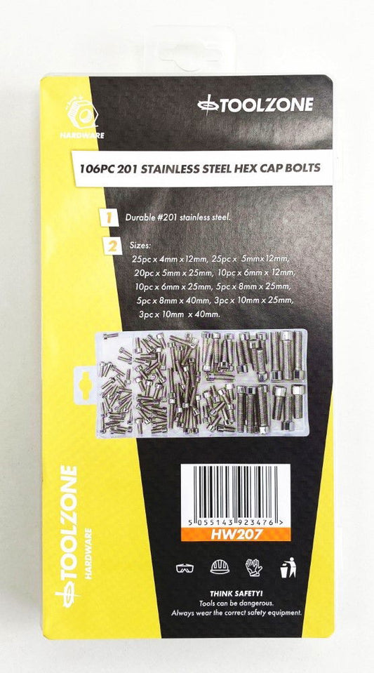 HEX CAP BOLT ASSORTMENT STAINLESS STEEL 201 106pc IN STORAGE BOX - TOOLZONE KDPHW207