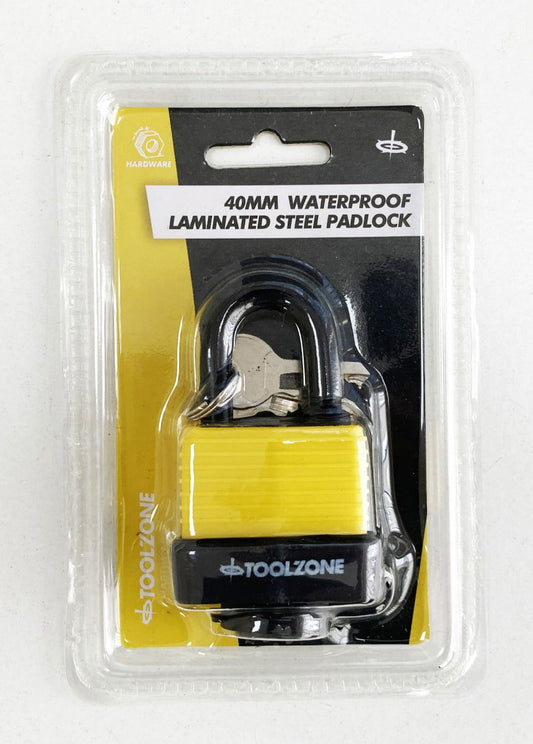 PADLOCK WATERPROOF LAMINATED 40mm 6mm SHACKLE WITH 2 KEYS - TOOLZONE KDPLK100