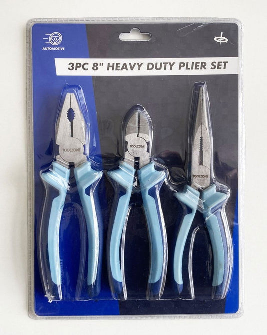 HEAVY DUTY PLIER SET 3PC 8" DROP FORGED STEEL SOFT GRIP HANDLES - TOOLZONE KDPPL140