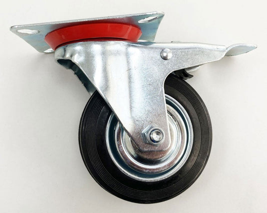CASTOR SWIVEL WITH BRAKE 4" 100mm RUBBER WHEEL STEEL PLATE 80kg - TOOLZONE KDPRM010