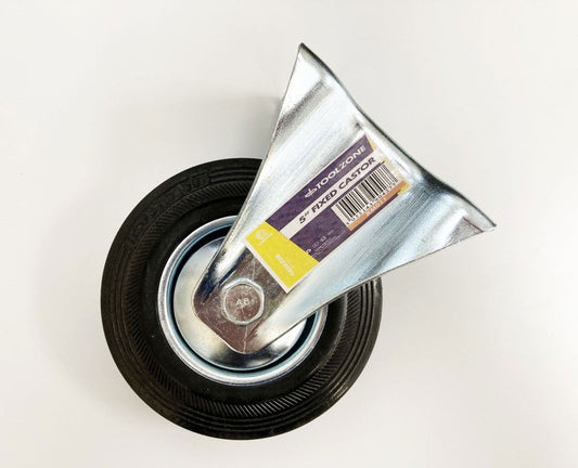 CASTOR FIXED 5" 125mm RUBBER WHEEL STEEL PLATE 80kg - TOOLZONE KDPRM011