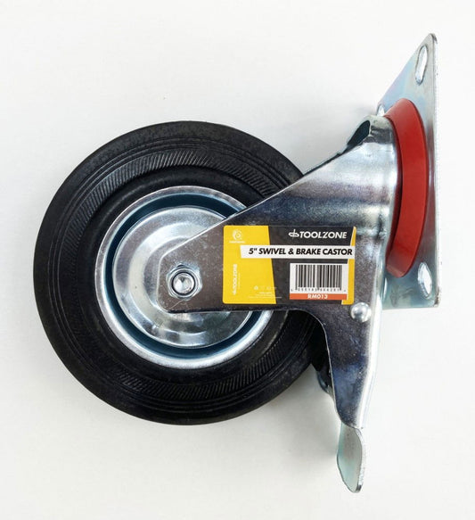 CASTOR SWIVEL WITH BRAKE 5" 125mm RUBBER WHEEL STEEL PLATE 70kg - TOOLZONE KDPRM013