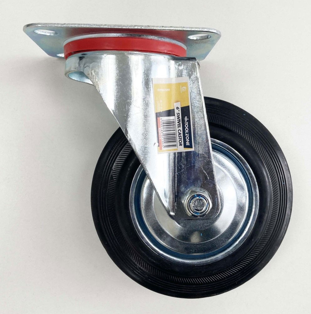 CASTOR SWIVEL 6" 150mm RUBBER WHEEL STEEL PLATE 130kg - TOOLZONE KDPRM015