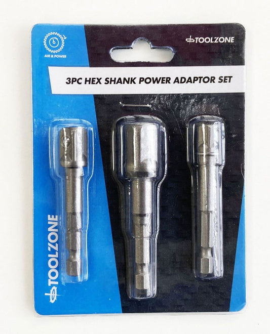 HEX SHANK POWER ADAPTOR SET 3PC 1/4" 3/8" 1/2" DRIVE - TOOLZONE KDPSD072