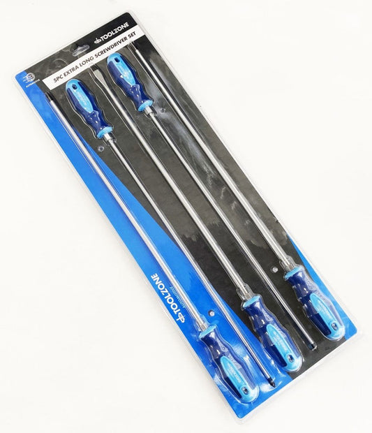 EXTRA-LONG SCREWDRIVER SET 5PC 450mm PZ2 PZ3 PH2 PH3 8mm - TOOLZONE KDPSD074