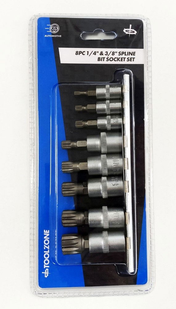 SPLINE BIT SOCKET SET 8PC 1/4" 3/8" DRIVE M4-M16 ON RAIL - TOOLZONE KDPSD079