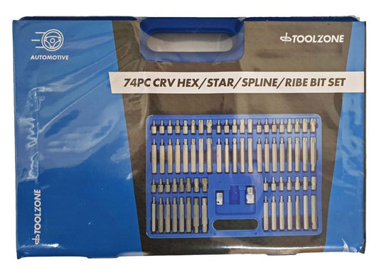 BIT SET 74PC CRV HEX STAR SPLINE RIBE 30mm 75mm - TOOLZONE KDPSD099