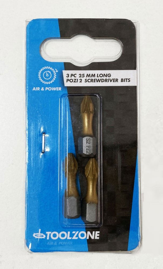 POZI BIT SET 3PC S2 PZ2 25mm 1/4" HEX - TOOLZONE KDPSD100