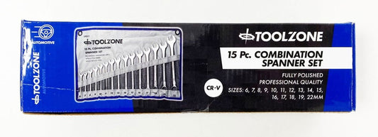 COMBINATION SPANNER SET 15PC 6-19mm 22mm CHROME VANADIUM SATIN - TOOLZONE KDPSP020