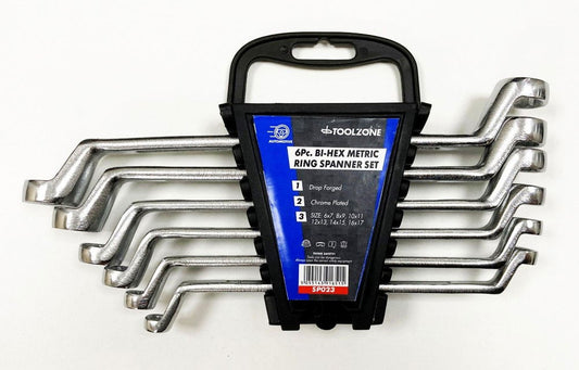 RING SPANNER SET 6PC 6x7mm TO 16x17mm DROP FORGED CHROME PLATED - TOOLZONE KDPSP023
