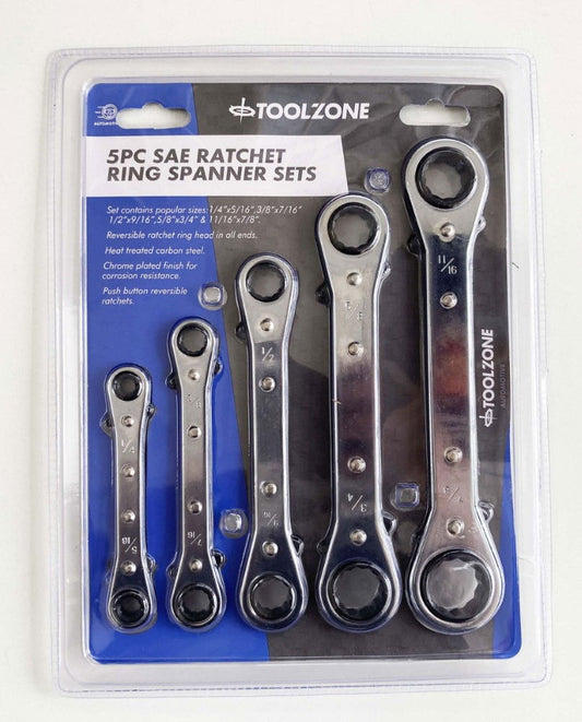 FLAT RATCHET RING SPANNER SET 5PC AF CHROME PLATED - TOOLZONE KDPSP030