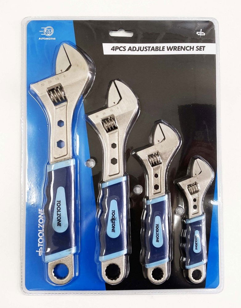 ADJUSTABLE SPANNER SET 4PC 6" 8" 10" 12" SOFT GRIP HANDLES - TOOLZONE KDPSP055