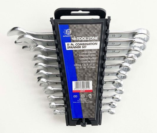 COMBINATION SPANNER SET 11PC 6 TO 19mm DROP FORGED CHROME PLATED - TOOLZONE KDPSP079