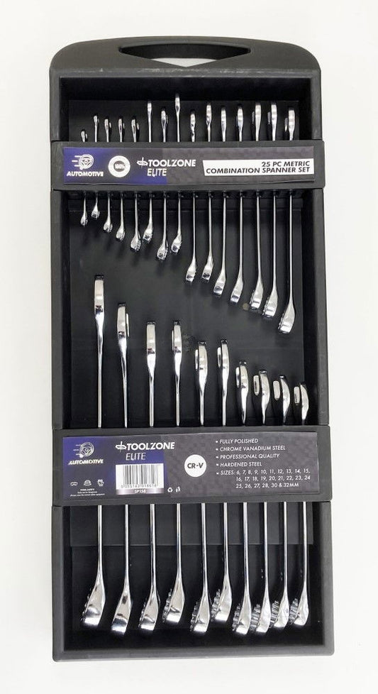 COMBINATION SPANNER SET 25pc 6-32mm CHROME VANADIUM IN TRAY - TOOLZONE KDPSP158