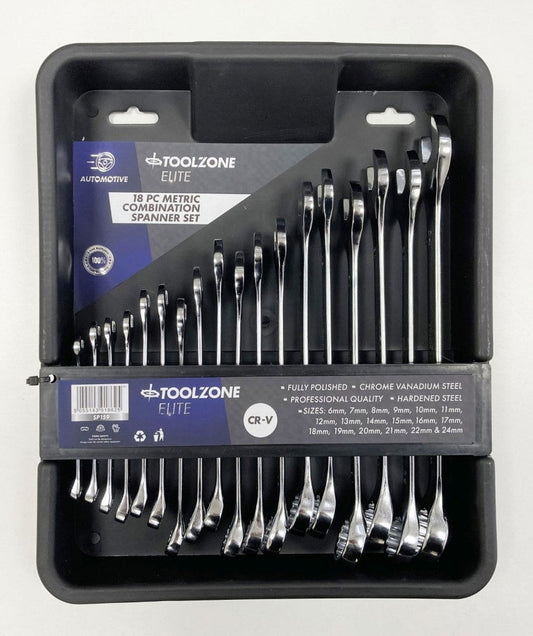COMBINATION SPANNER SET 18pc 6-32mm CHROME VANADIUM IN TRAY - TOOLZONE KDPSP159