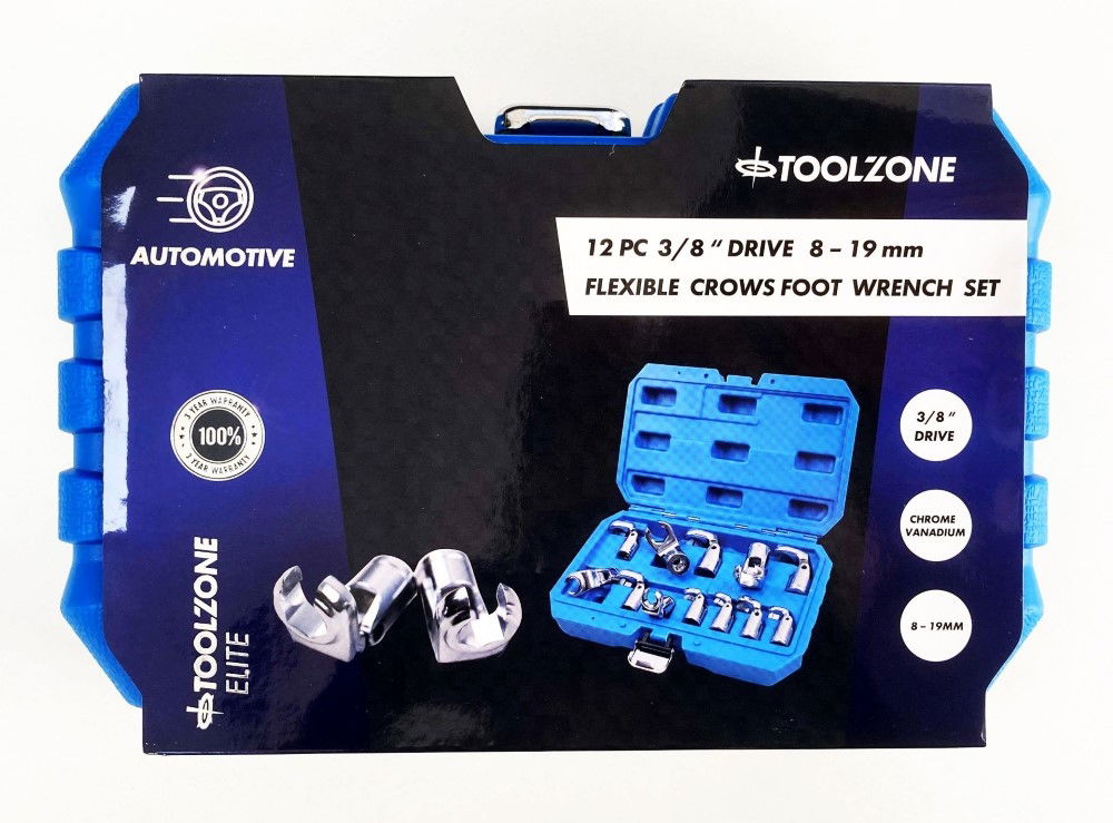 FLEX CROWFOOT SPANNER SET 12pc 3/8" DRIVE 8-19mm CHROME VANADIUM - TOOLZONE KDPSP170
