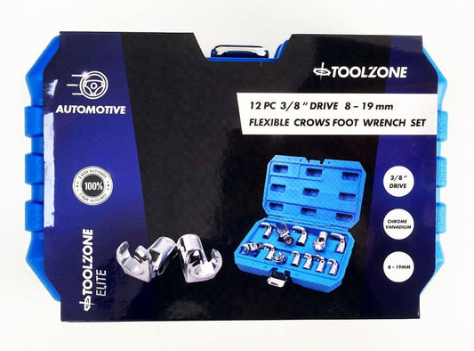 FLEX CROWFOOT SPANNER SET 12pc 3/8" DRIVE 8-19mm CHROME VANADIUM - TOOLZONE KDPSP170