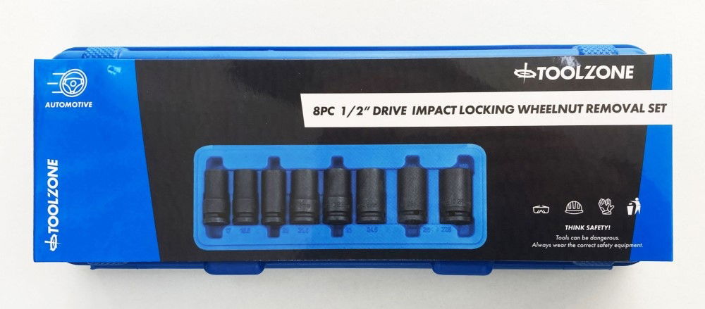 IMPACT NUT WHEEL LOCK REMOVER SET 1/2" DR 8pc 17-27.5mm CHROME MOLYBDENUM - TOOLZONE KDPSS002