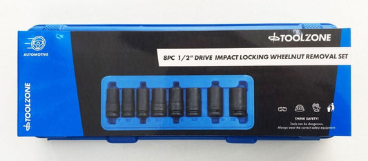 IMPACT NUT WHEEL LOCK REMOVER SET 1/2" DR 8pc 17-27.5mm CHROME MOLYBDENUM - TOOLZONE KDPSS002