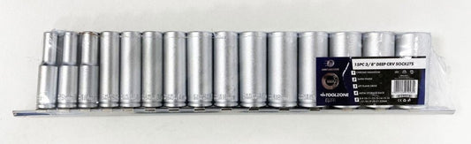 DEEP SOCKET SET 3/8" DRIVE 15pc 8-22mm CRV 6PT ON RAIL - TOOLZONE KDPSS009