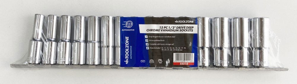 DEEP SOCKET SET 1/2" DRIVE 15pc 10-24mm CRV 6PT ON RAIL - TOOLZONE KDPSS010