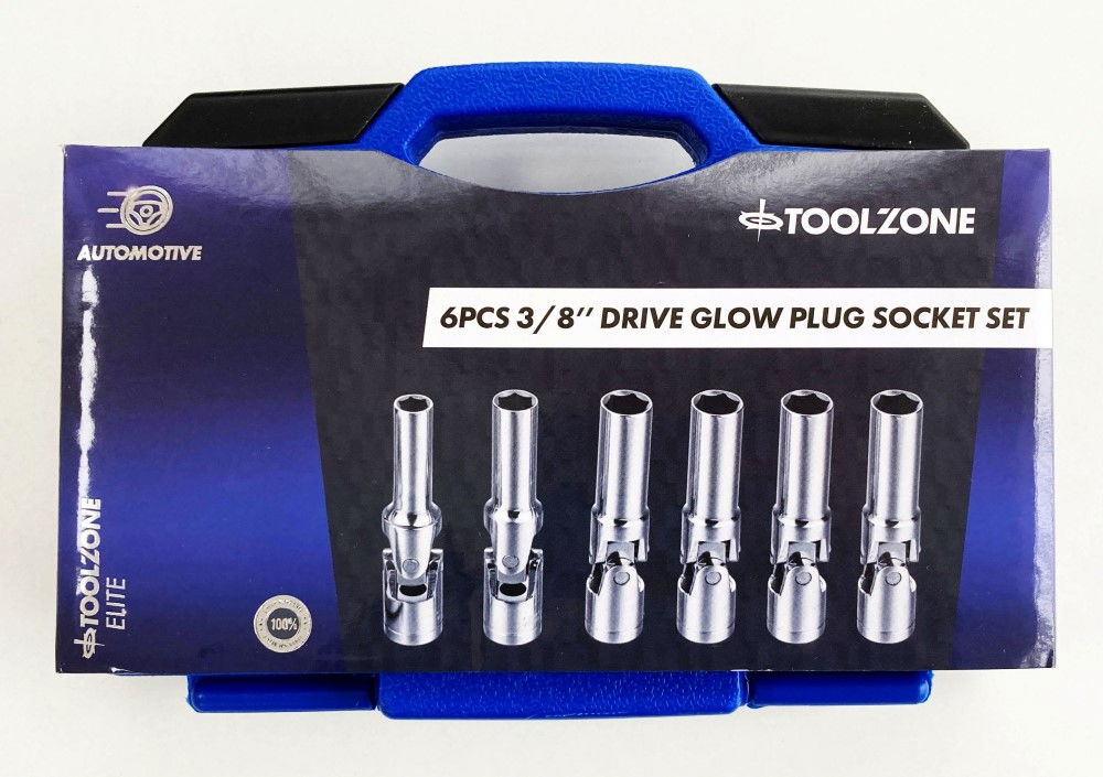 GLOW PLUG SOCKET SET 3/8" DRIVE 6pc 8-16mm 85mm UNIVERSAL JOINT - TOOLZONE KDPSS011