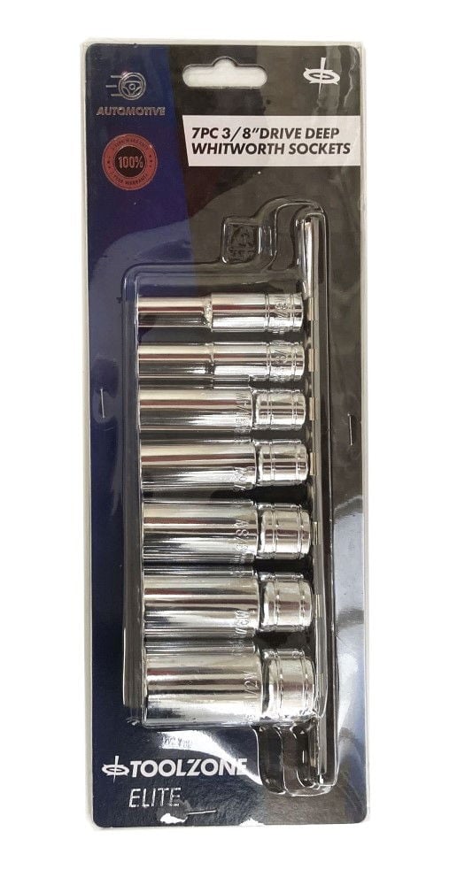 DEEP SOCKET SET 3/8" DRIVE 7pc WHITWORTH 1/8-1/2WW CRV ON RAIL - TOOLZONE KDPSS019