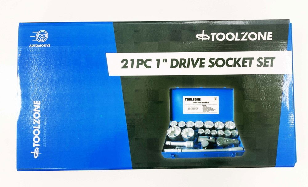 SOCKET SET 1" DRIVE 21pc 30-80mm WITH ACCESSORIES IN METAL CASE - TOOLZONE KDPSS020