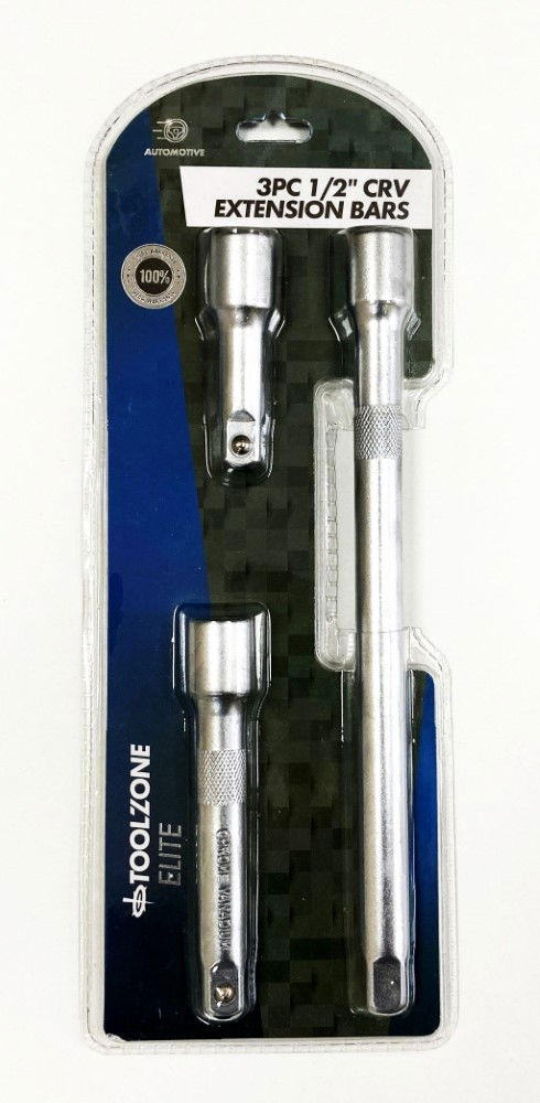 EXTENSION BAR SET 1/2" DRIVE 3pc 3" 5" 10" CRV SATIN FINISH - TOOLZONE KDPSS027